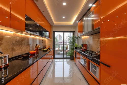 industrial artsy parallel kitchen with small breakfast counter, black granite countertop, galley kitchen, crema vitrified floor tiles.