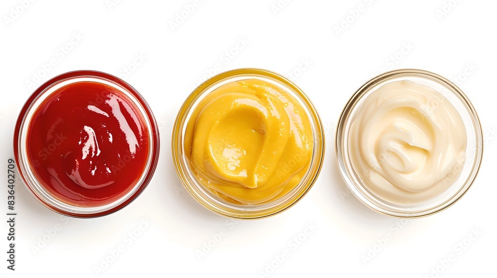 Three bowls with different sauces on a white background. A nice presentation of ketchup, mustard, and mayonnaise. Ideal for food blogs, menus, and culinary websites. AI Three bowls with different sauces on a white background. A nice presentation of ketchup, mustard, and mayonnaise. Ideal for food blogs, menus, and culinary websites. AI