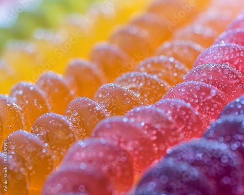 A closeup of sour gummy worms, with a focus on the sugary, crystalline texture and bright, contrasting colors that invite a taste test photo