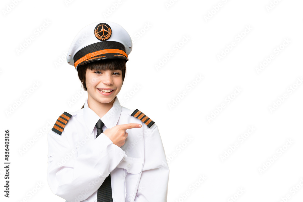 Little girl as a Airplane pilot over isolated chroma key background pointing to the side to present a product Little girl as a Airplane pilot over isolated chroma key background pointing to the side to present a product