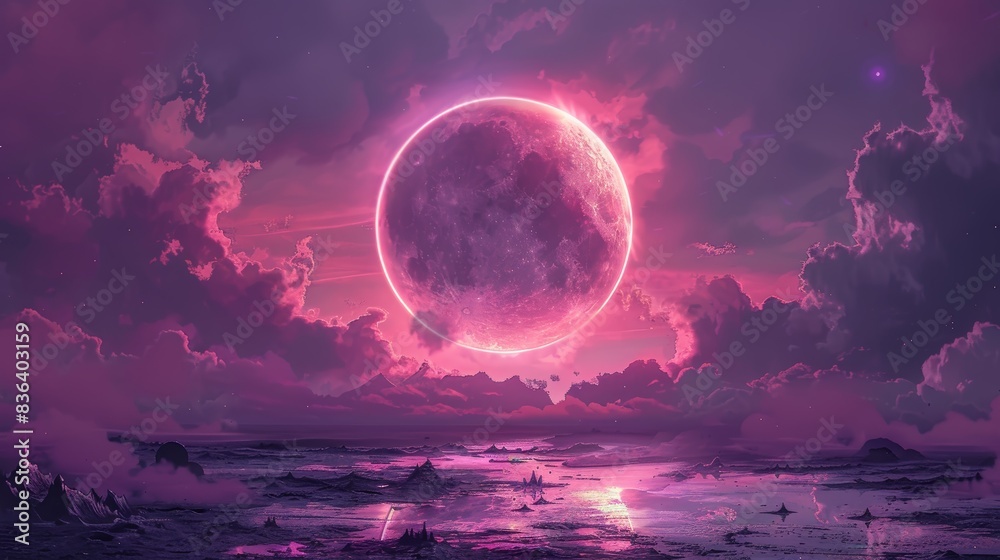 A witchy and cyberpunk anime-style illustration of a solar eclipse moon with pastel pink and purple tones, no people, a dark and mysterious background, a sense of magic and wonder, A witchy and cyberpunk anime-style illustration of a solar eclipse moon with pastel pink and purple tones, no people, a dark and mysterious background, a sense of magic and wonder,