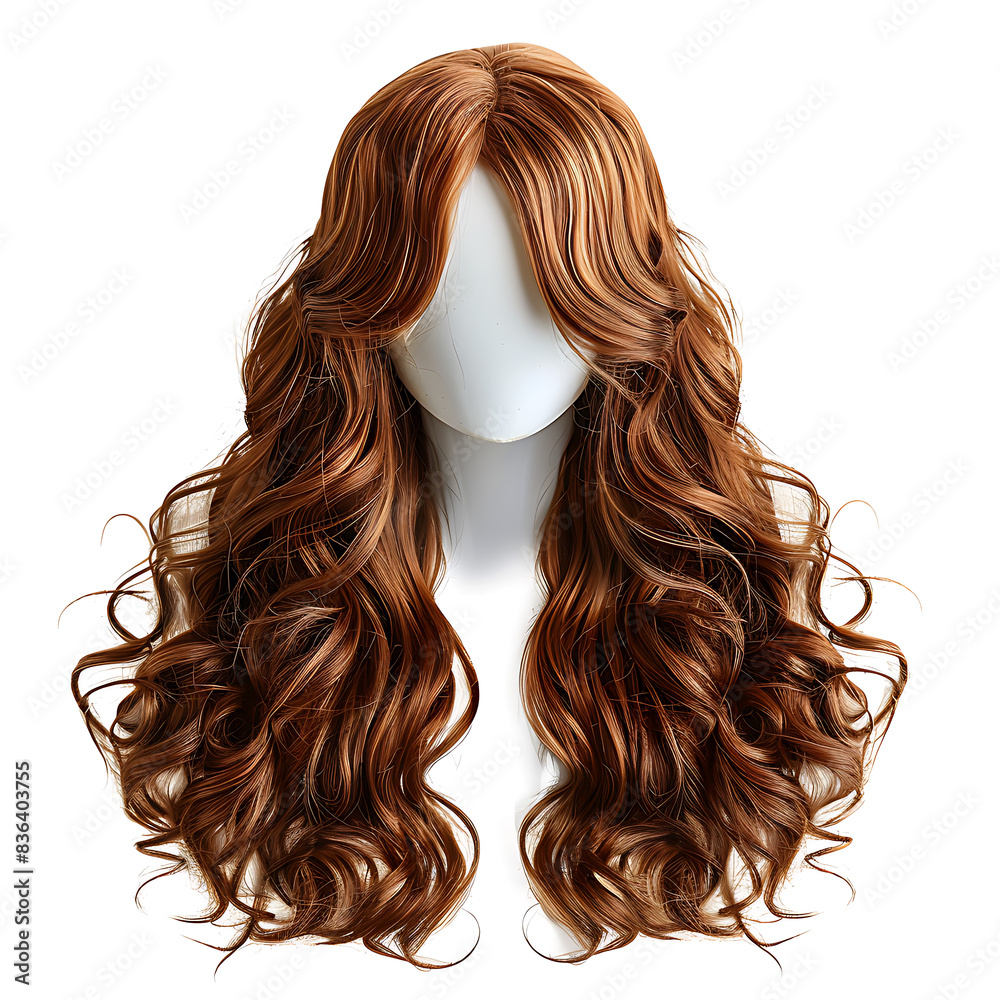 Long light brown golden curly hair wig, unusual style, isolated on white Long light brown golden curly hair wig, unusual style, isolated on white