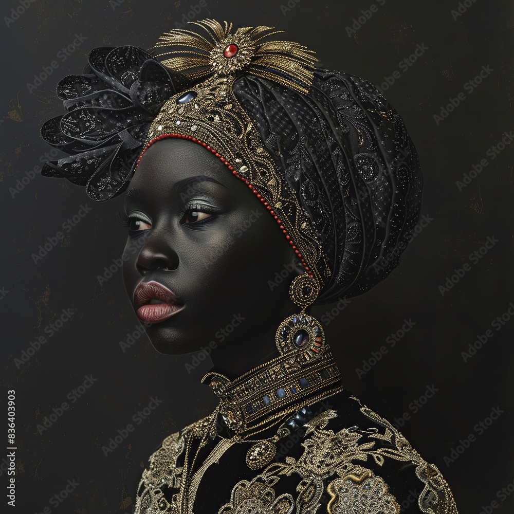 A striking depiction of a black woman with elaborate accessories set against a dark backdrop A striking depiction of a black woman with elaborate accessories set against a dark backdrop