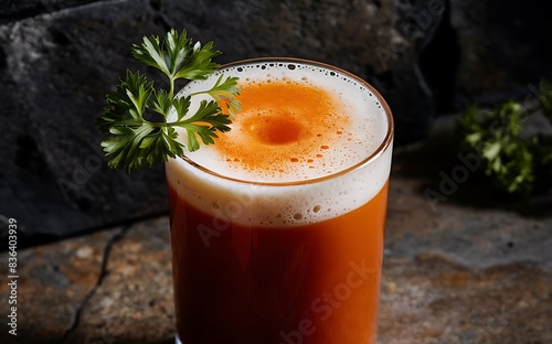 Glasses with freshly squeezed carrot juice on a dark stone background