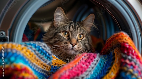 Cat sitting inside a washing machine with colorful laundry swirling around photo