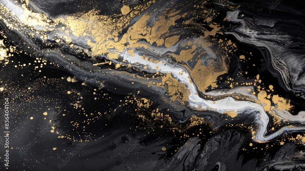 Fototapeta premium Black and gold paint merging, Ink Genesis, gentle brilliance pulses from liquid motion, large format prints