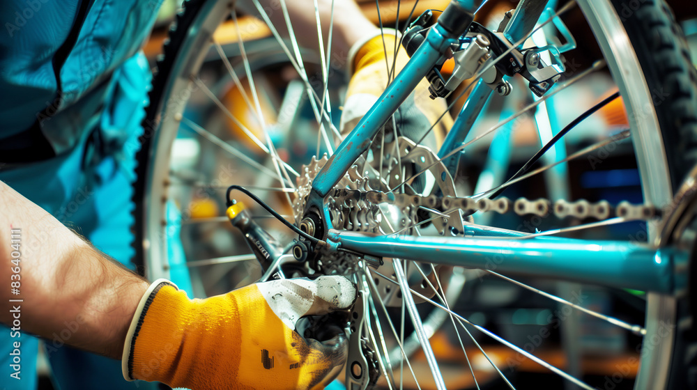 Fototapeta premium A bicycle repairman adjusts or repairs the gear shift system on the rear wheel. Bicycle repair.