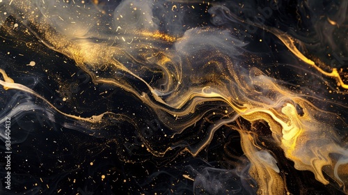  Black and gold paint merging, Ink Radiance, soft luminescence flows from aqueous trails, company yearbook photo