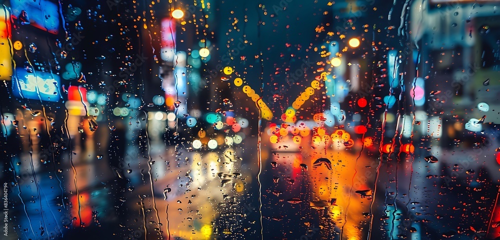 Fototapeta premium Heavy rain and bokeh car lights, windowpane distorting city night scene.