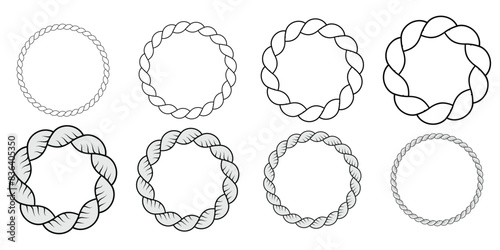 Round rope curve symbol set. Different thickness circular ropes set for decoration. Rope vector. Rope design. 