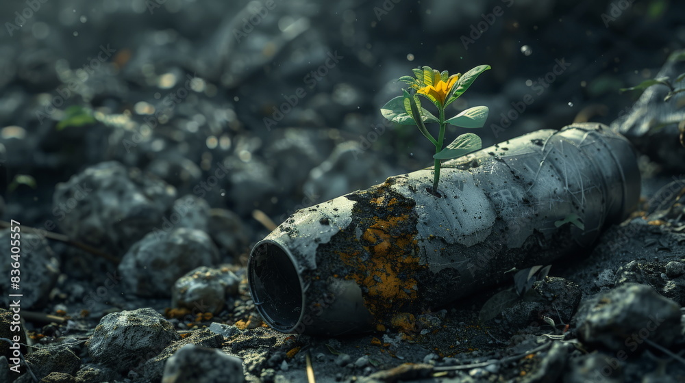 Obraz premium The concept of the origin of life. Sprout growing out of an live ammunition. The concept of defeating the force of nature.