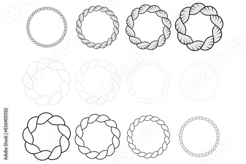 Round rope curve symbol set. Different thickness circular ropes set for decoration. Rope vector. Rope design. 