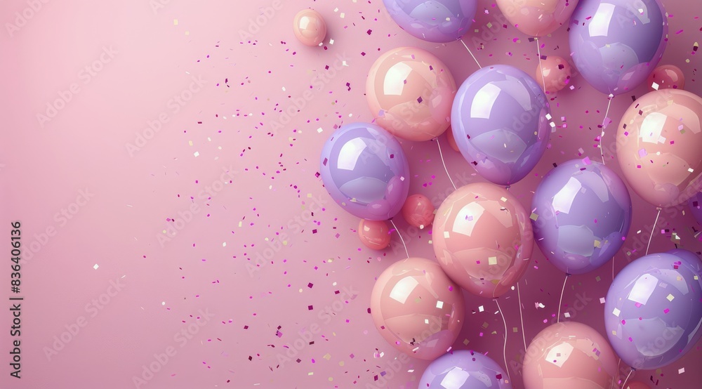 Pink and Purple Balloons With Confetti on a Pink Background Pink and Purple Balloons With Confetti on a Pink Background