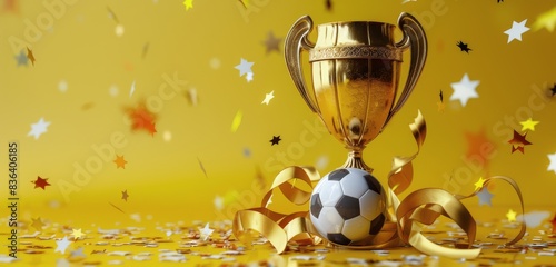 Golden Trophy With Soccer Ball and Confetti