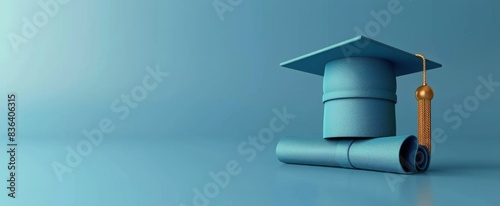 Graduation Cap, Diploma, and Book on Blue Background
