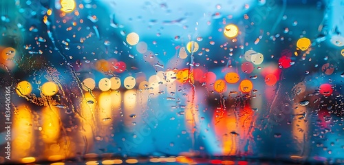 Heavy rain on glass with blurred car lights bokeh in city.