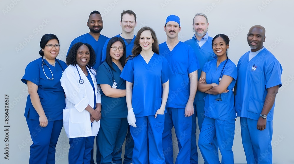 A diverse group of male and female healthcare professionals standing together confidently in blue uniforms, showcasing teamwork and unity. A diverse group of male and female healthcare professionals standing together confidently in blue uniforms, showcasing teamwork and unity.