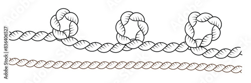 Wavy rope curve set. Repeating hemp cord stripes collection. Wavy loop tie braid bundle. Seamless black and white plait pattern. Vector marine twine design element. Eps10.