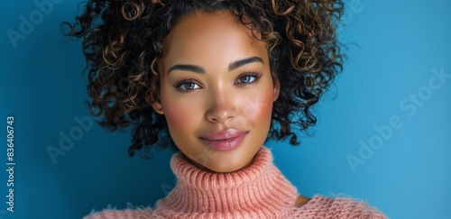 Woman With Curly Hair Smiling in Pink Sweater Against Blue Background