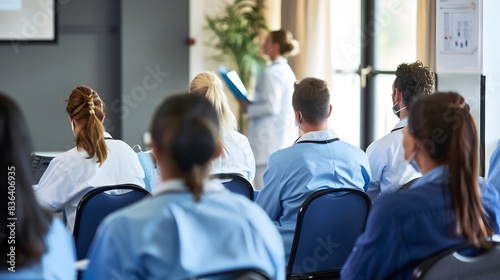 Healthcare professionals attending a medical seminar in a conference room, focusing on continuous education and professional development.