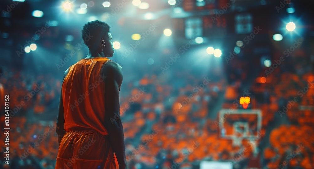 Fototapeta premium Basketball Player Standing on Court During Game With Blurred Crowd in Background