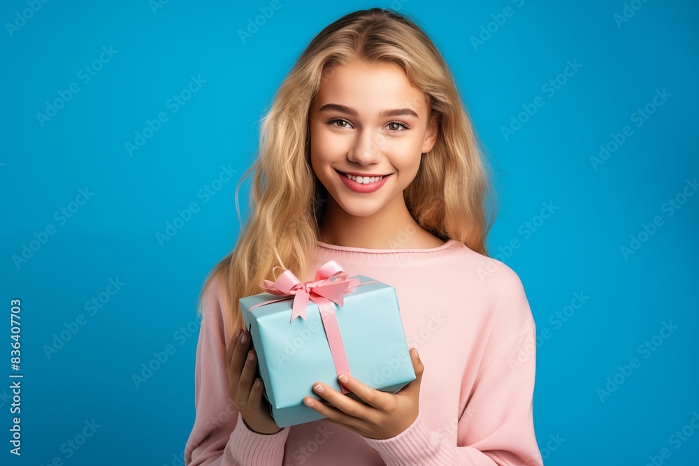 Young pretty blonde girl over isolated colorful background holding a gift Young pretty blonde girl over isolated colorful background holding a gift