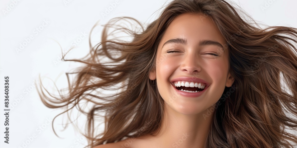 woman with long brown hair laughing, vibrant and happy woman with natural makeup and wavy hair, people photography woman with long brown hair laughing, vibrant and happy woman with natural makeup and wavy hair, people photography