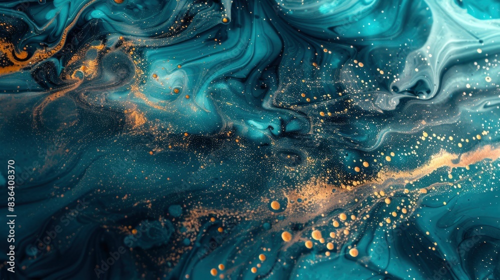 Cyan and bronze paint merging, Ink Illusion, serene glow emanates from fluid rivers, fashion design Cyan and bronze paint merging, Ink Illusion, serene glow emanates from fluid rivers, fashion design
