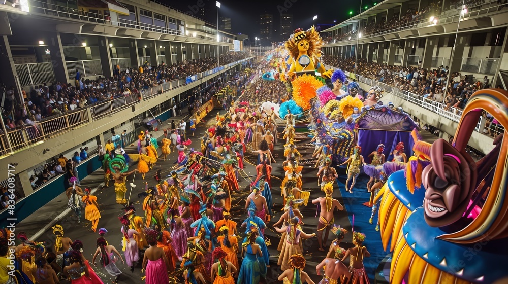 The Sambadrome in Rio de Janeiro buzzes with samba dancers, vibrant costumes, huge floats, and drum rhythms.