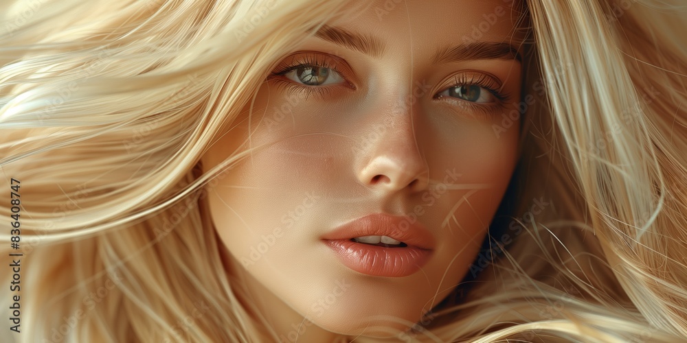 Naklejka premium Elegant woman with long blonde hair and glitter makeup, detailed close-up of a model with flowing hair and shimmering makeup, beauty and fashion photography