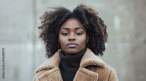 A dark-skinned young girl model dressed in a light brown coat and a black sweater with a high collar, against a light gray background.