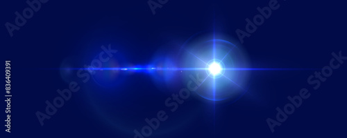Light effect of blue glowing light. Solar flare. Glow effect. Starbursts with twinkling highlights. Beautiful light effect of flickering highlights. Vector 10 EPS