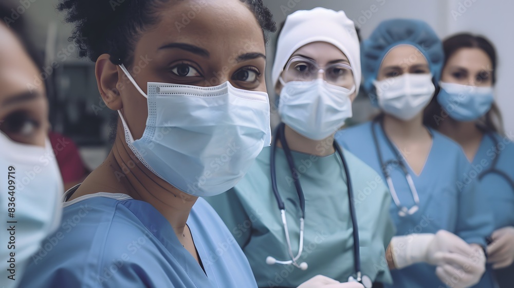Diverse team of healthcare professionals in masks and scrubs, standing together in a hospital setting, showing unity and strength against COVID-19. Diverse team of healthcare professionals in masks and scrubs, standing together in a hospital setting, showing unity and strength against COVID-19.
