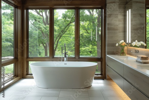 A contemporary bathroom with a freestanding tub  a wall-mounted vanity  large windows providing natural light  and sleek  modern fixtures