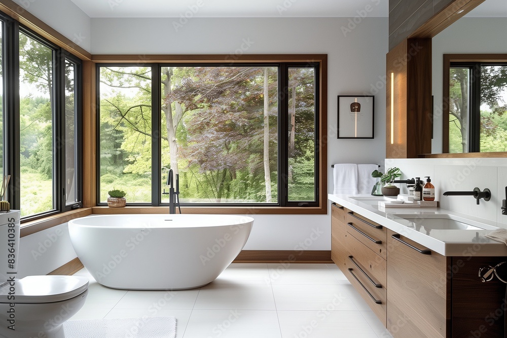 A contemporary bathroom with a freestanding tub, a wall-mounted vanity, large windows providing natural light, and sleek, modern fixtures A contemporary bathroom with a freestanding tub, a wall-mounted vanity, large windows providing natural light, and sleek, modern fixtures