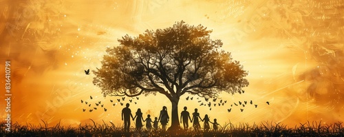 Silhouette of a family standing together underneath a tree