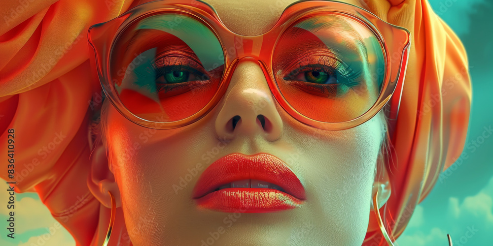 Fototapeta premium Retro style pastel colors summer background. Fashion woman wearing big sunglasses.