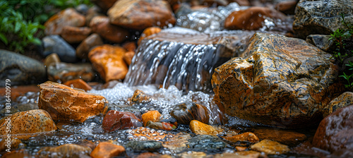 A close-up of nature brook water flowing over pebblesand textures captured in stunning clarity photo