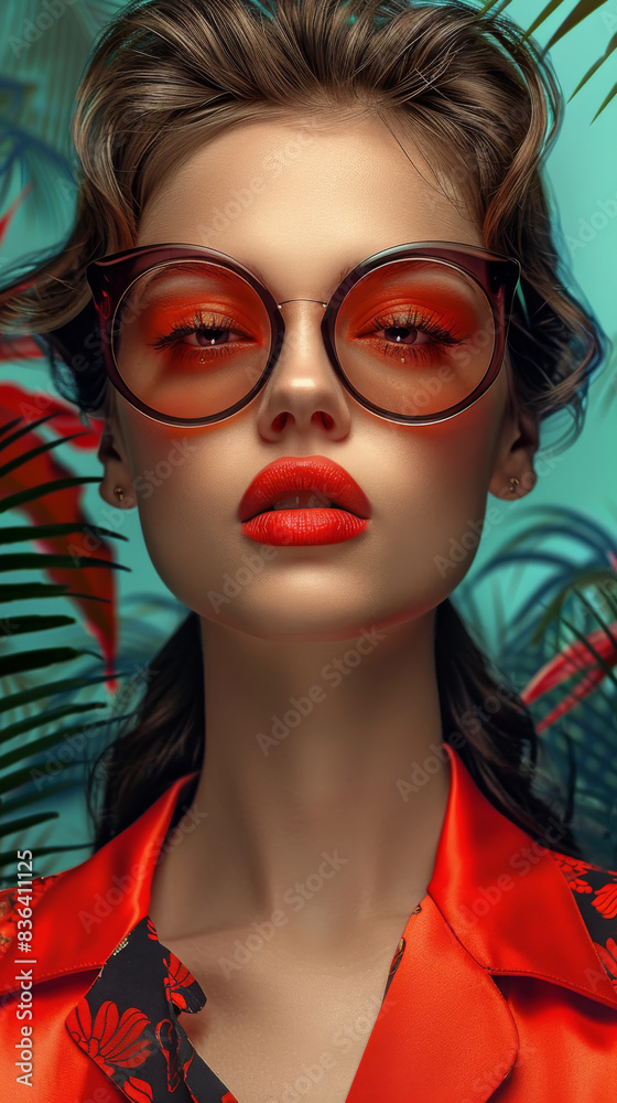 Fototapeta premium Retro style pastel colors summer background. Fashion woman wearing big sunglasses.