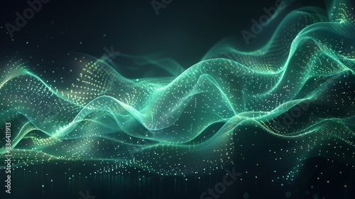 Light lines in blue and green colors flowing dynamically on a black background. Concepts include AI, digital, communication, 5G, science, and music.