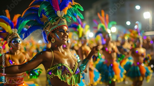 A vibrant Brazilian Carnival parade features dancers in colorful costumes, reveling under radiant city lights.