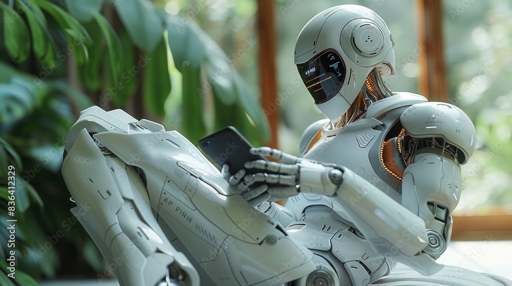 Humanoid robot uses mobile phone or tablet to connect to global network using artificial intelligence and machine learning for 4th industrial revolution. Illustration in 3D.