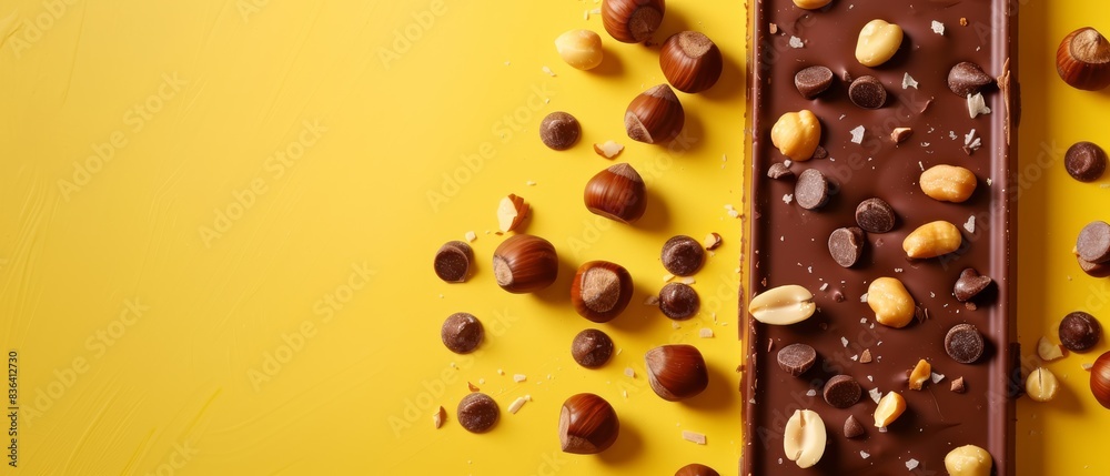 Fototapeta premium Chocolate Bar with Nuts and Cocoa on Yellow Background, Gourmet Dessert Treat, Crunchy and Aromatic, Copy Space