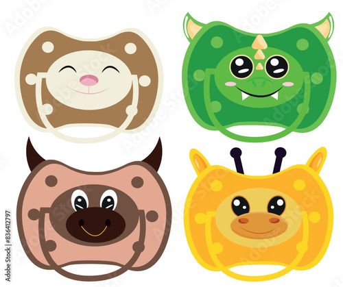 set of colored pacifiers with animal faces, namely with the face of a dragon, a cat, a bull and a giraffe, for design, printing or packaging