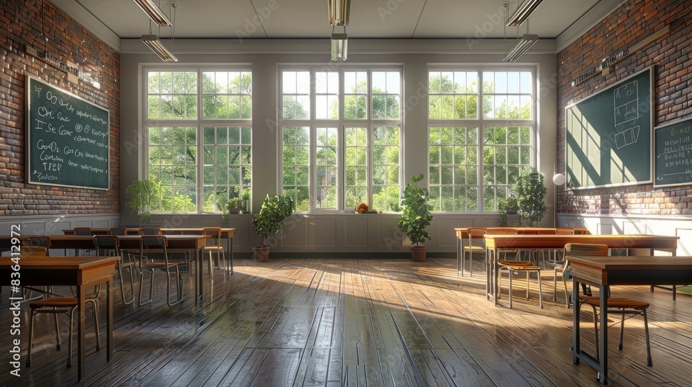 Obraz premium An animated collage of a classroom interior with a desk and a chair for teaching and learning