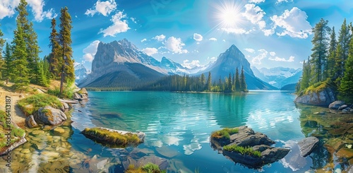 A lake in the rocky mountains, blue sky and sun shining on water spirit island with pine trees, photo