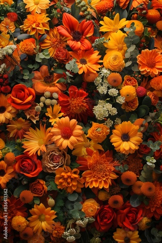 Close-up of colorful red and orange flower backdrop wall. Decoration for celebrating wedding or birthday. Vertical format design for phone wallpaper or invitation. Space for text. photo