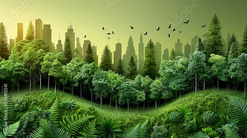 Human thinking towards preserving nature, reducing carbon footprint, and building sustainable urban communities is depicted in this image. photo