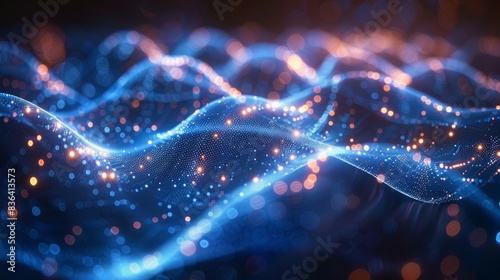 Modern illustration of quantum computer technology. Deep learning artificial intelligence. IT visualization for business, science, and technology. Waves, dots, lines. Quantum modern illustration. photo