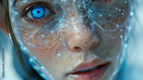 A humanoid robot with blue eyes and a visible neural network and circuit board symbolizing AI and futuristic technology.